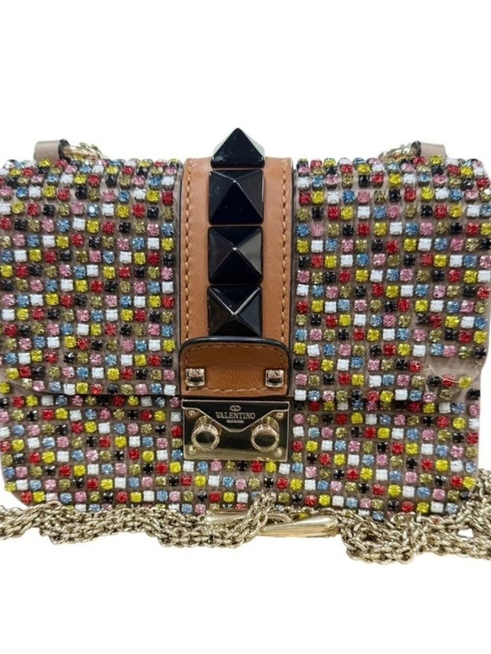 Auth Valentino Garavani Shoulder Bag Multicolor Leather/Rhinestone/Metal z10975